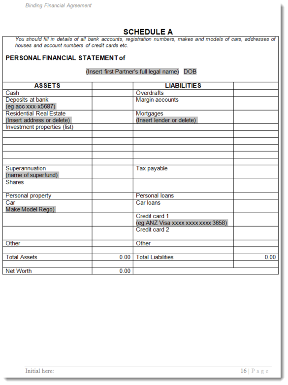 sample assets and liabilities binding financial agreement 90UB