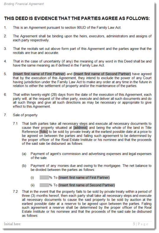 de facto separation agreement sample excerpt