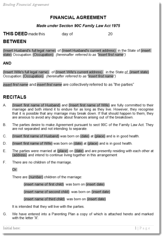 Post nuptial Agreement Sample Excerpt
