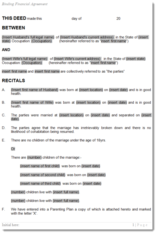 Separation Agreement Sample Page