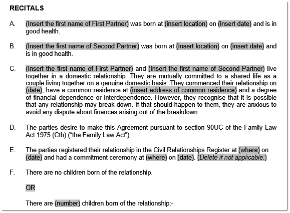 cohabitation agreement recitals sample 