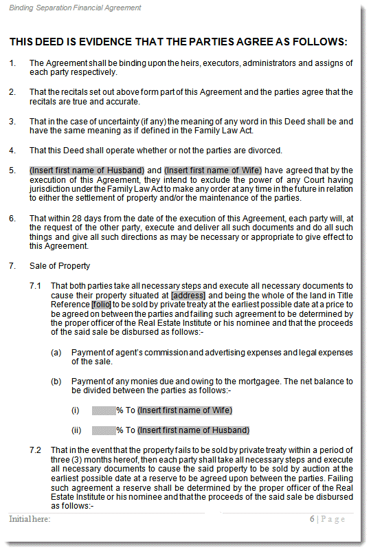 separation agreement sample page